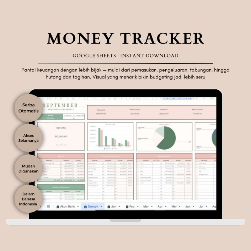 

Money Tracker, Budget Planner, Annual Budget Planner, Pelacak Keuangan & Tabungan, Spreadsheets / Google Sheet Template