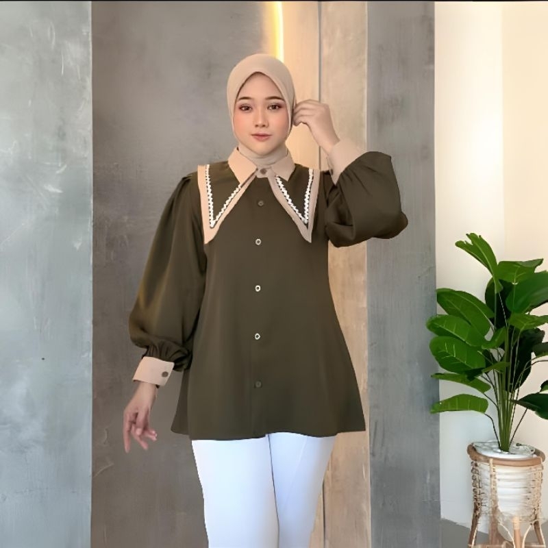 HILDA KEMEJA KERAH SAILOR WANITA | ATASAN WANITA CRINKLE KOREAN STYLE LENGAN PANJANG [ COD ]