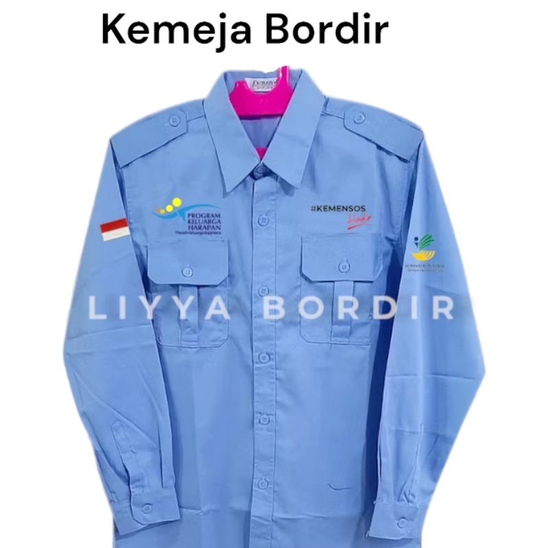 Kemeja Bordir Kemensos Hadir PKH Kemeja PKH Biru Muda