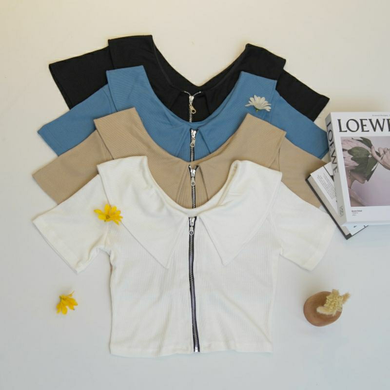 Atasan Zipper Osawa, Crop top wanita bahan rib knit dengan resleting depan