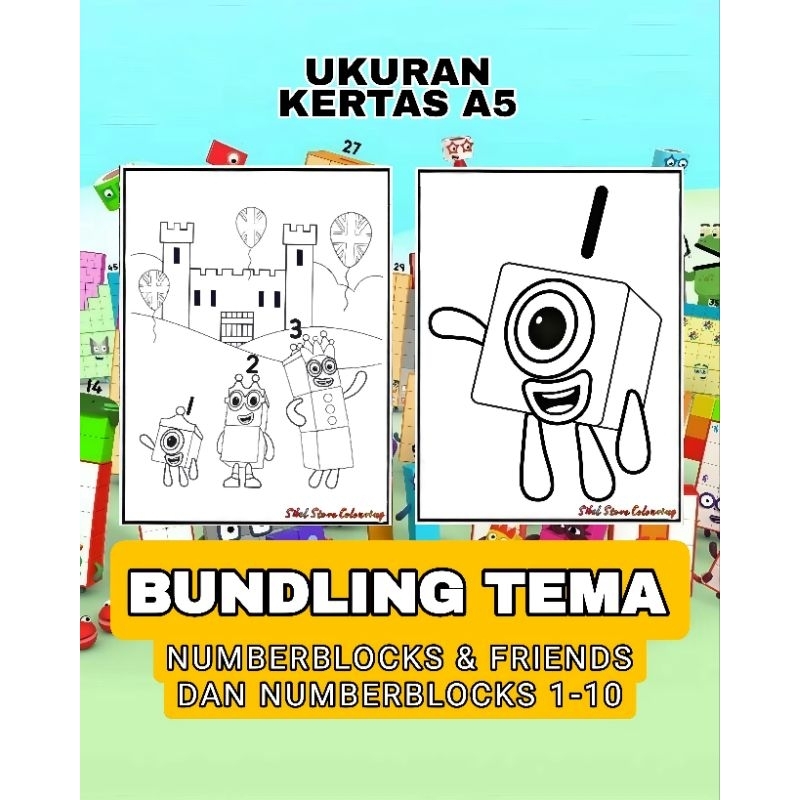 

BUNDLING Kertas gambar mewarnai Tema Numberblocks & Friends Dan Numberblocks 1-10 / Isi 20 Lembar Gambar Berbeda / Kertas Mewarnai Anak
