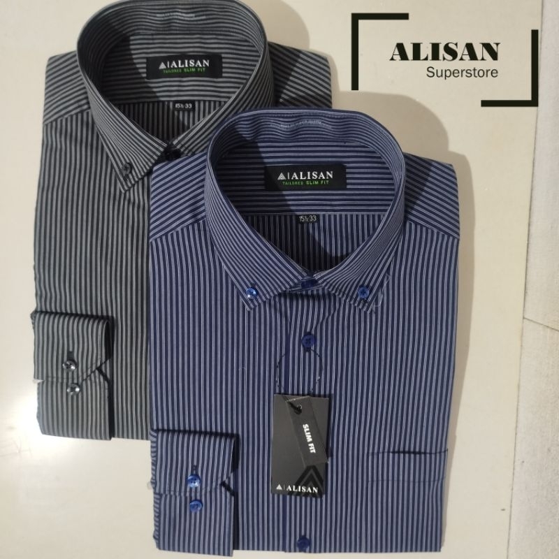 Alisan Kemeja Pria Salur Besar Kerah Kancing Lengan Panjang Slimfit
