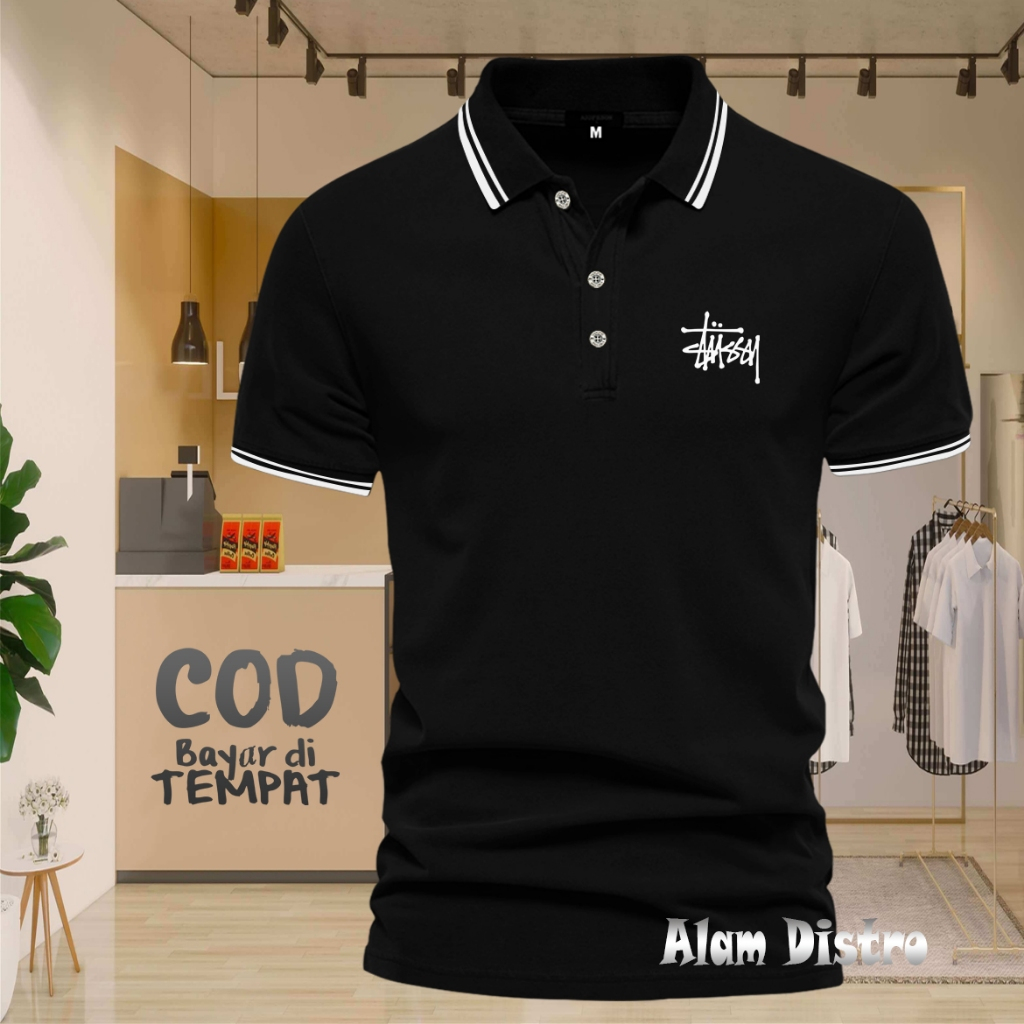 T-shirt Kaos POLO List Kerah Stussy Text Putih Polo Kerah Unisex Pria & Wanita