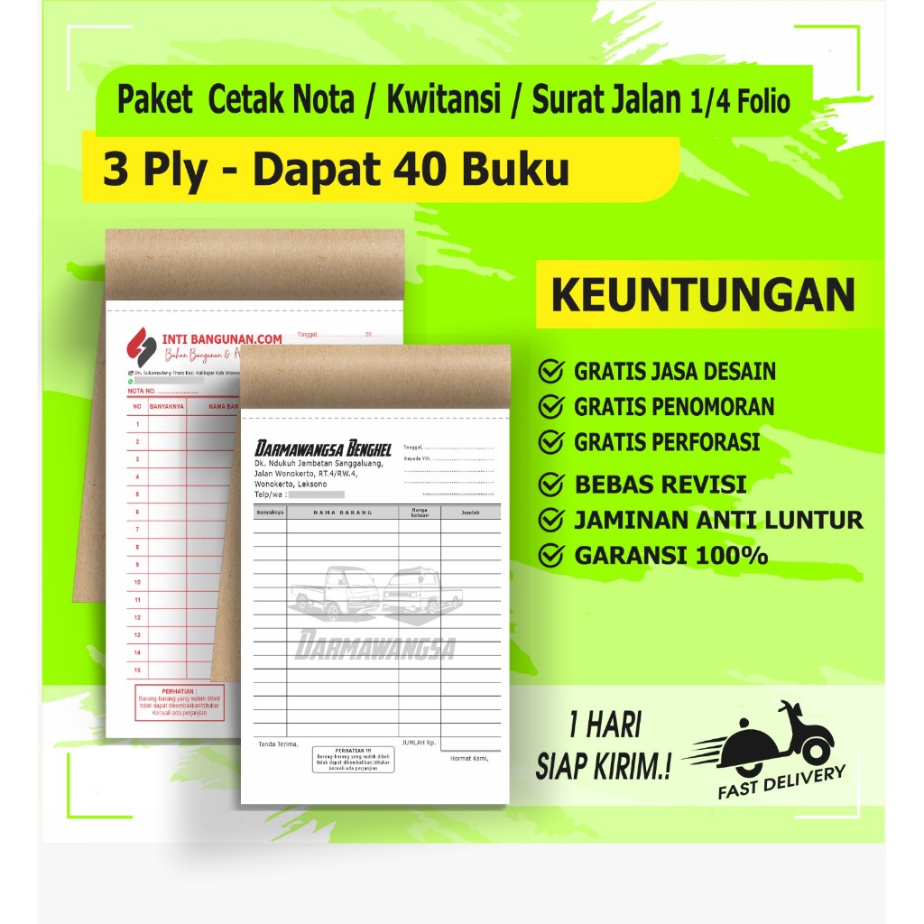 

PAKET 40 BUKU Nota custom 3 ply 1/4 folio