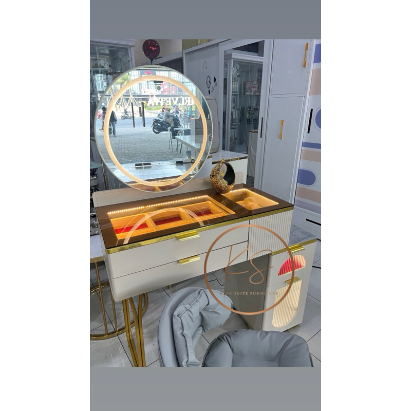 KSF ERO | Meja Rias Top Kaca Lampu LED Laci Organizer | Meja Rias Cermin Bulat Impor Touchscreen