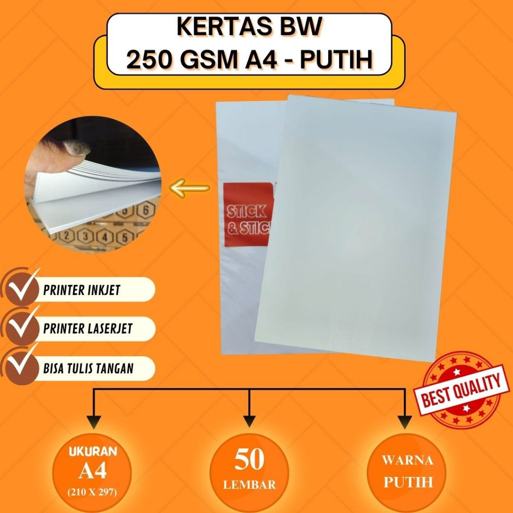 

Kertas BW Putih 250 gsm A4 isi 50 lembar Premium Quality