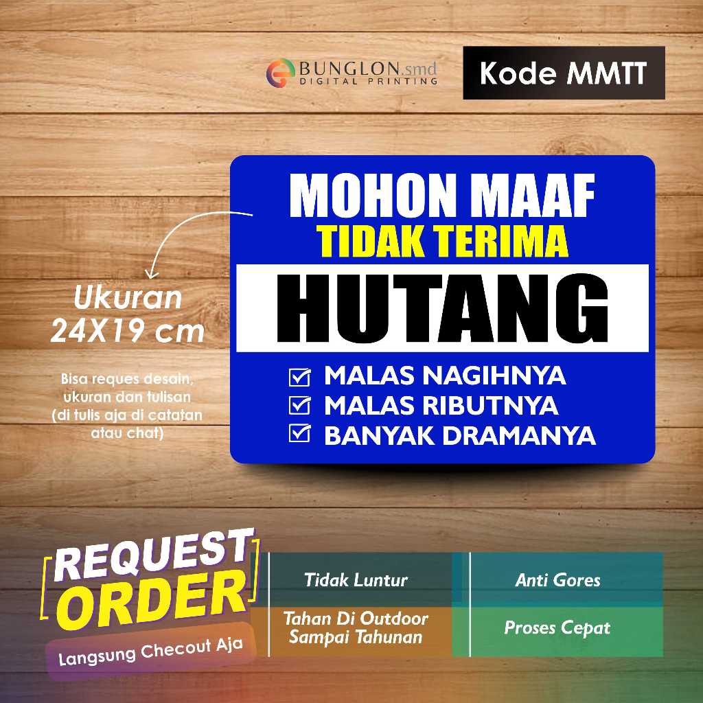 

STIKER MOHON MAAF TIDAK TERIMA HUTANG + LAMINASI KODE MMTT BIRU