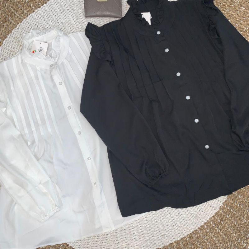 Blouse Wanita Model Terbaru Panjang Lengan Rempel Hitam Putih 587