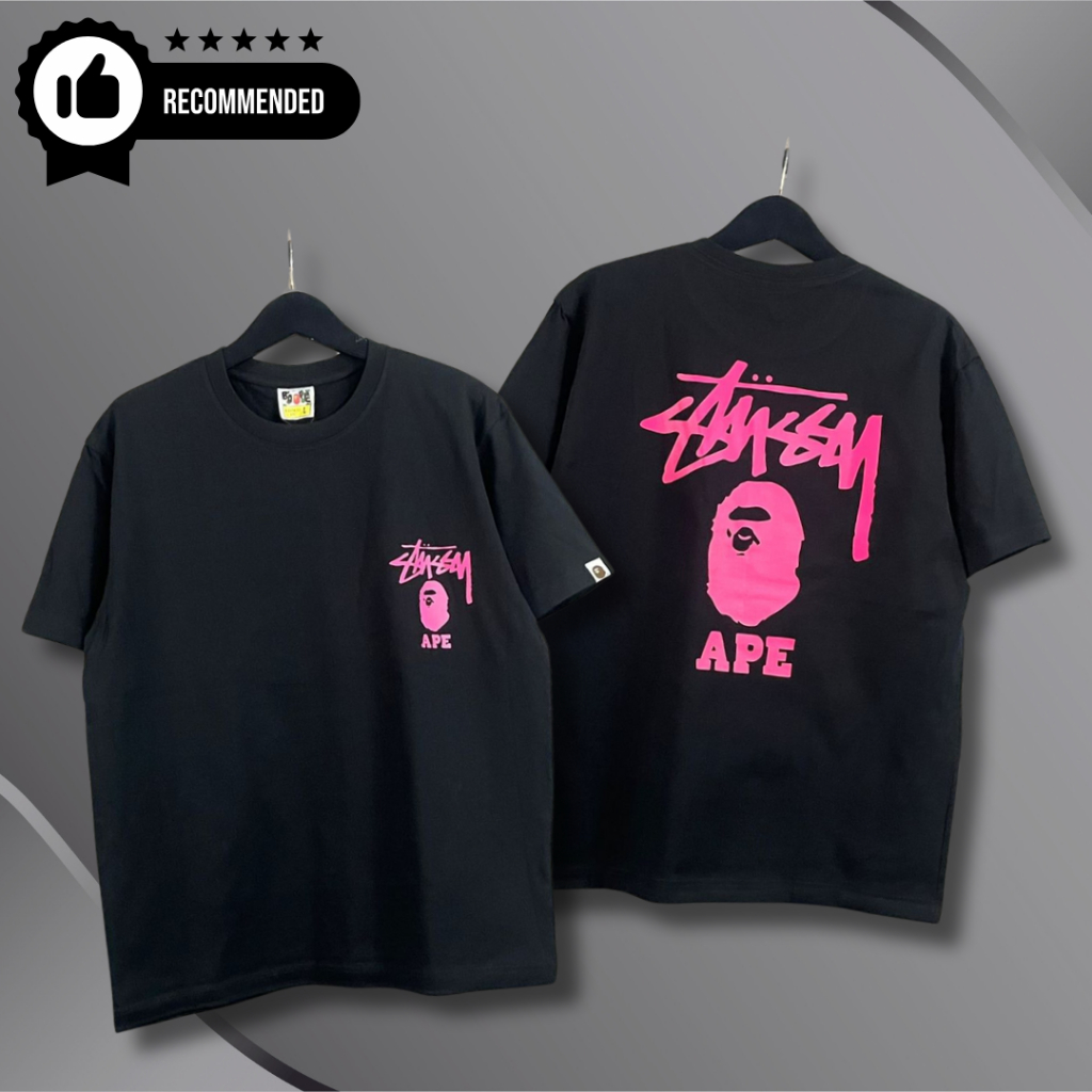 Baju Kaos Bape X Stussy Pink Black Tee T-Shirt Baju Kaos Atasan Pria & Wanita Unisex Bape X Stussy B