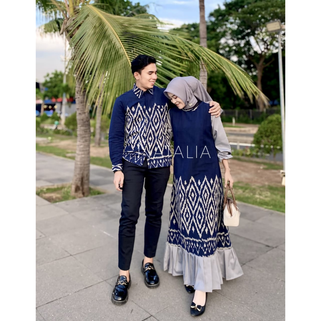 BAJU TENUN COUPLE DRESS KARINA NAVI COUPLE PASANGAN KONDANGAN BAJU SERAGAM KELUARGA LEBARAN