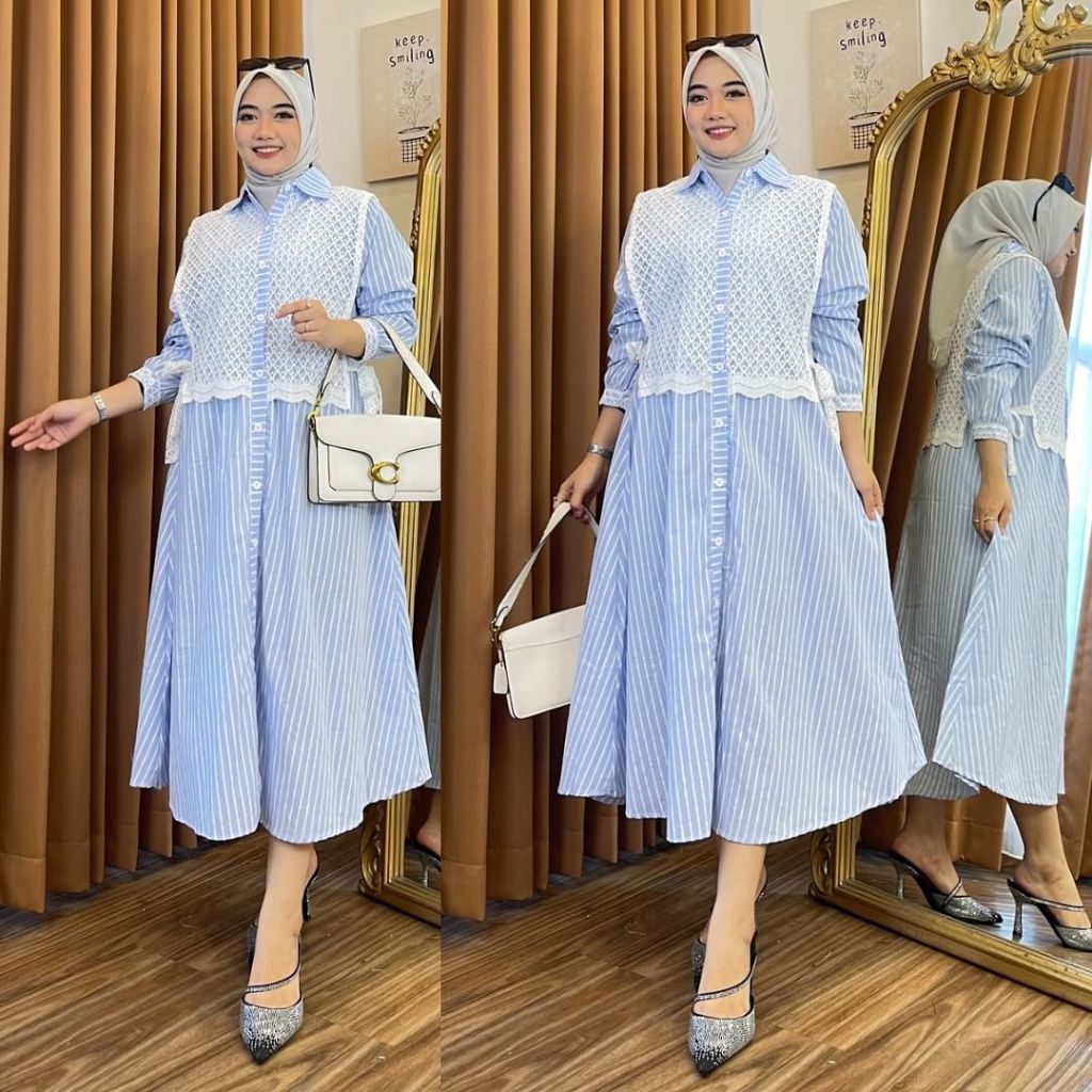 Arisa Midi Dress Size M L XL XXL Bahan Katun Salur Kombi Brukat Import Dress Wanita Jumbo Gamis Midi