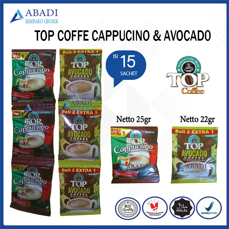 

Kopi TOP COFFE AVOCADO / CAPPUCINO Capucino Alpukat 1 Renceng 15 sachet