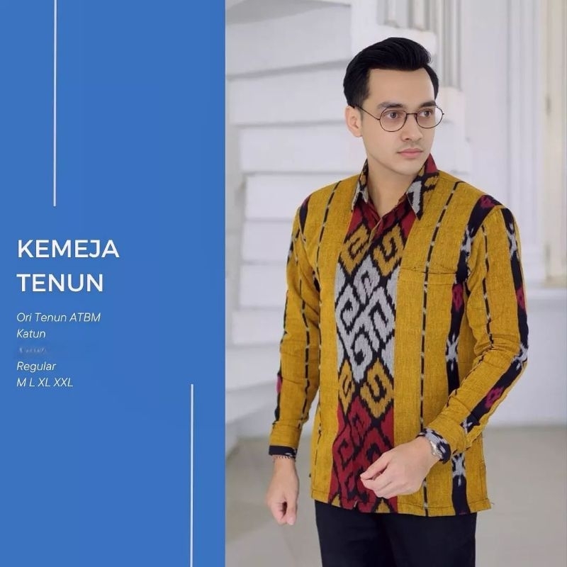 Baju kemeja tenun pria motif toraja warna kuning lengan panjang terbaru