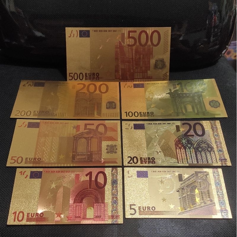 Set 7 Pcs Souvenir Uang Emas Gold Foil EURO Eropa Lengkap Motif Warna