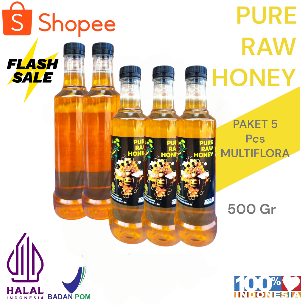 

Paket 5 pcs Madu Murni Asli 500 gr Nektar Multiflora100% Alami Pure Natural Raw Honey