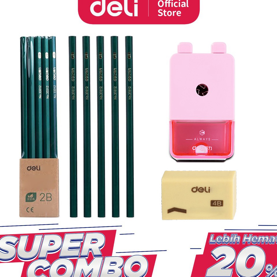 

Grosir Menarik Deli Combo Set 2 1pcs Pensil 2B 3pcs Penghapus Rautan Putar