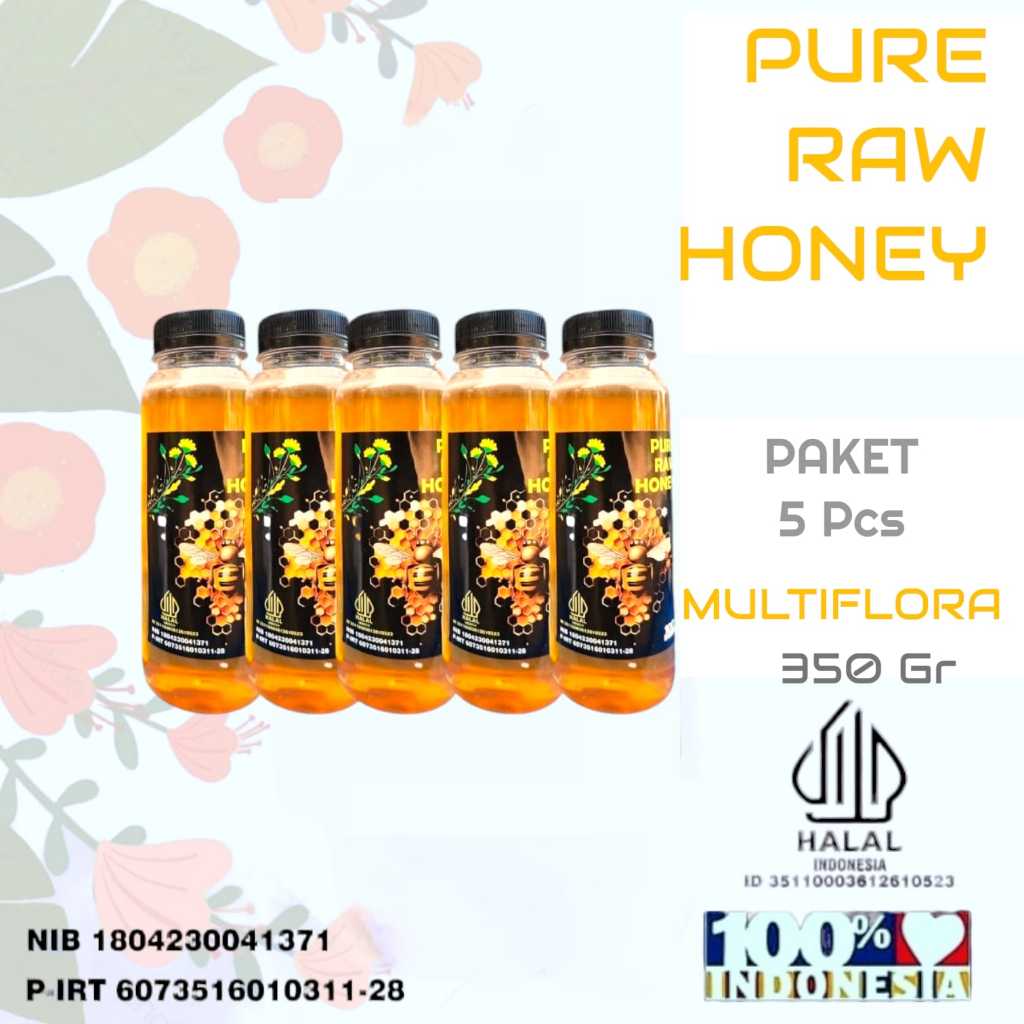

Paket 5 pcs Madu Murni Asli 35O gr Nektar Multiflora100% Alami Pure Natural Raw Honey