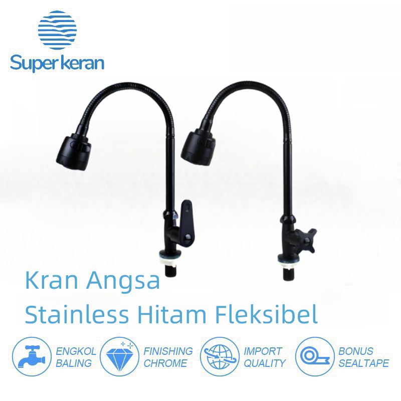 Kran Angsa Hitam Kran 1/2Inch Fleksibel Wastafel Kran Air Kran Kamar Mandi Cuci Piring