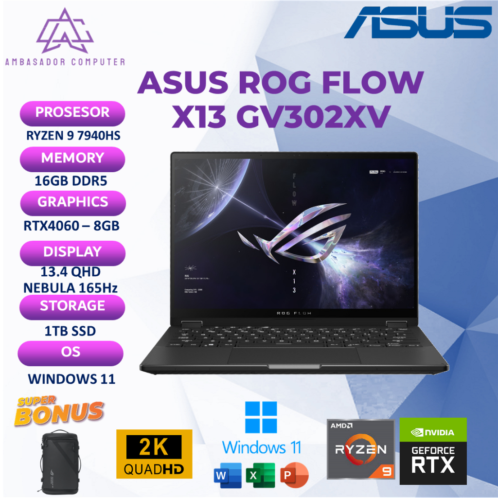 Asus ROG FLOW X13 GV302XV Ryzen 9 7940HS RTX4060 8GB 16GB 1TB 165HZ Windows11+OHS