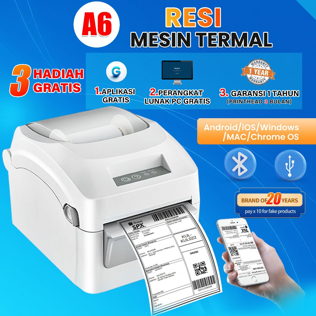 Barcode Printer Thermal Waybill Printer USB+Bluetooth Mesin Cetak Label Stiker Resi 4 & 3 In