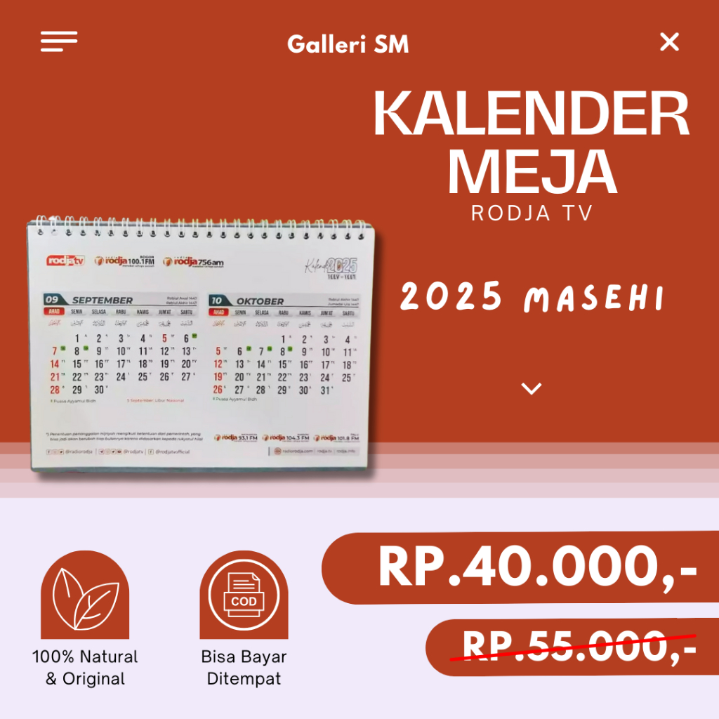 

Kalender Meja 2025 Rodja Tahun Baru Islam Masehi Hijriyah Kalender Kantor A5 Art Paper Praktis Ori