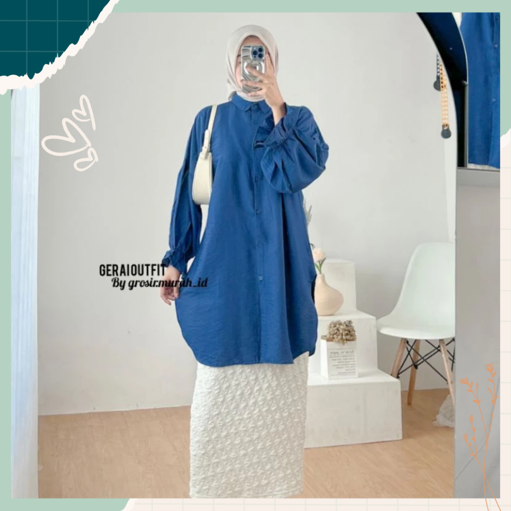Tunik Polos Long Tunik Kancing KemejaTunic Panjang Balon Fashion Muslim Wanita Daily Jumbo Big Size 