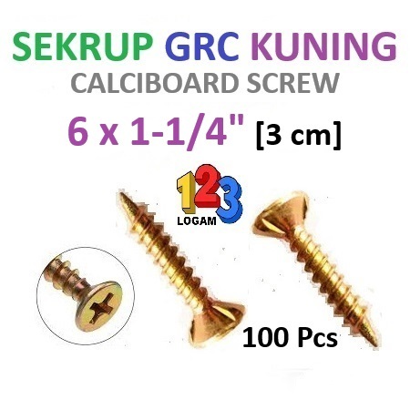 100 Pcs #6x1-1/4" Sekrup Baut GRC Kalsiboard / Calciboard Kuning 3 cm