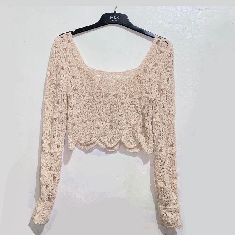 Atasan sabrina crop top jaring rajut Jepang Korea cardi baju konser idol