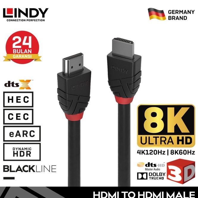 KODE Q2U8 Kabel HDMI LINDY 5m 1m 2m 8K6Hz Dolby Atmos 48Gbps EARC PS4PS5 Male To Male Black 3677 367