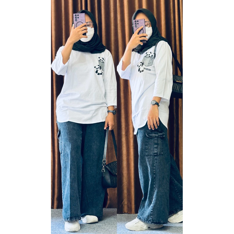 Setelan Kulot Jeans Wanita Dewasa Atasan Combed 20s Celana Jeans Kulot Cargo, Setelan Wanita