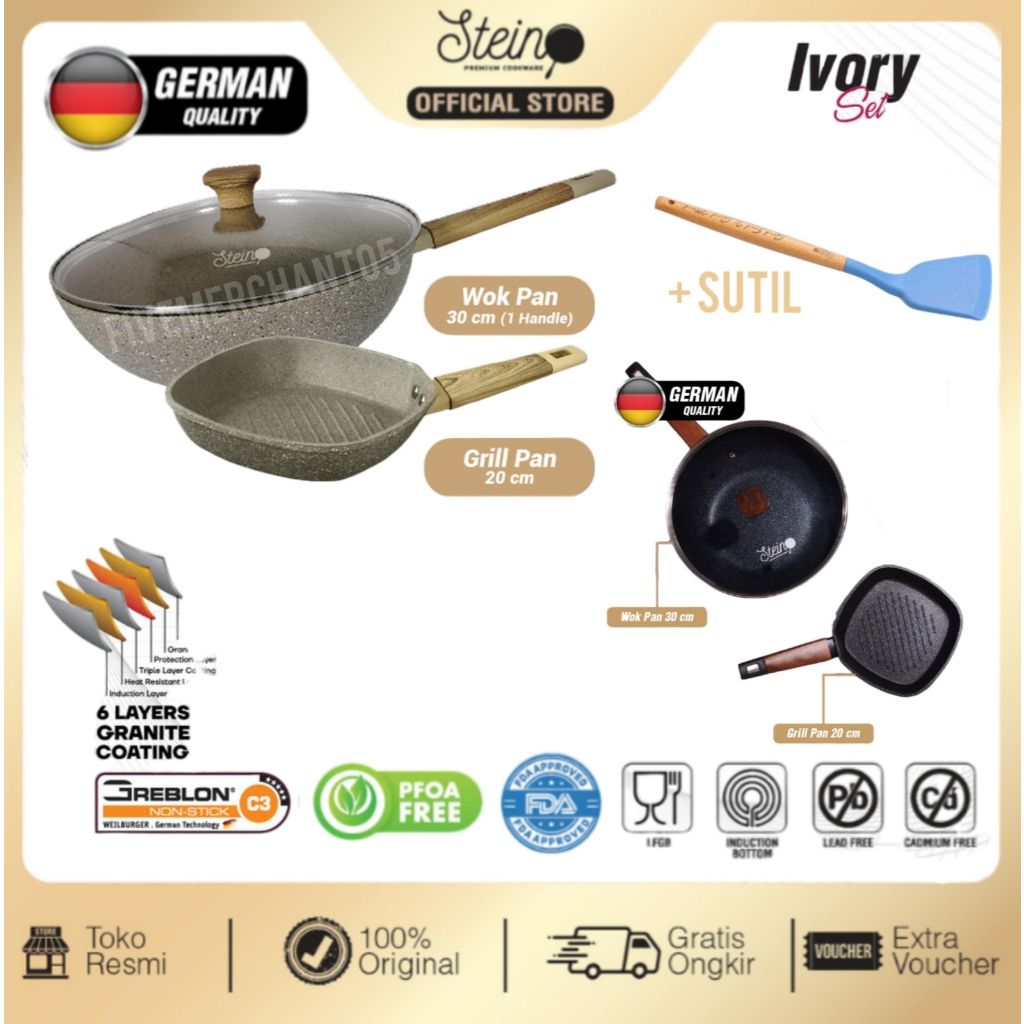 Wok Pan 30cm Steincookware Paket IVORY Set Grill Pan 20cm Stein Onyx Penggorengan Stein Cookware Pan