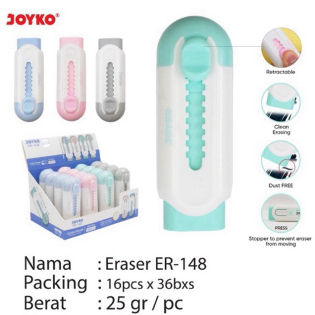 

( 1 pcs ) Joyko Retractable Eraser ER-148 / ER148 Penghapus Sliding Unik warna Pastel