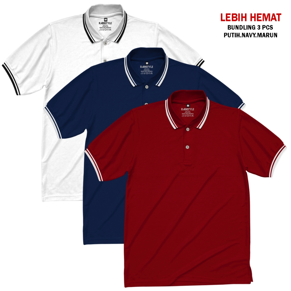 Rainstyle - Bundling 3 Pcs Polo LIST Kerah Polos Unisex Paket Hemat Putih Navy Marun