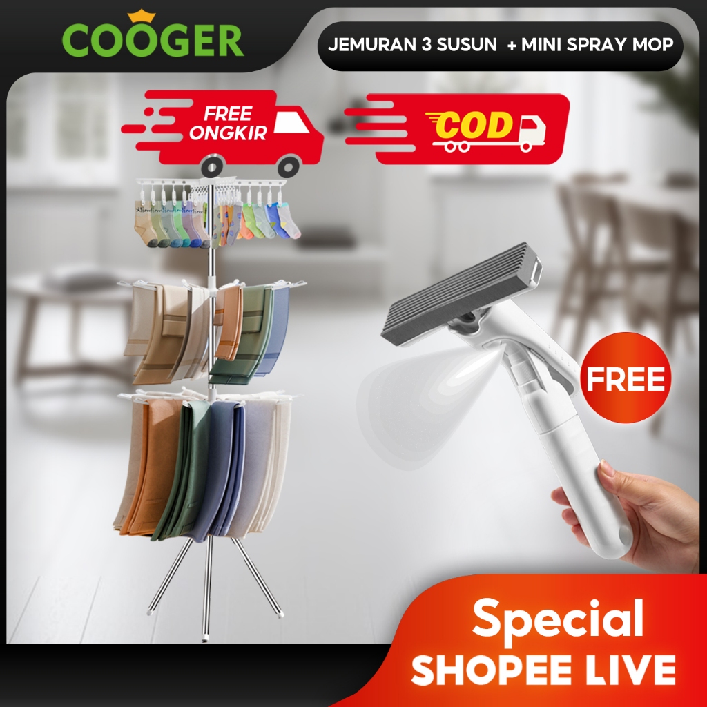 [LIVE COOGER] COOGER Rak Jemuran Lipat Stainless Steel 3 Tingkat Jemuran Serbaguna Jemuran Pakaian H