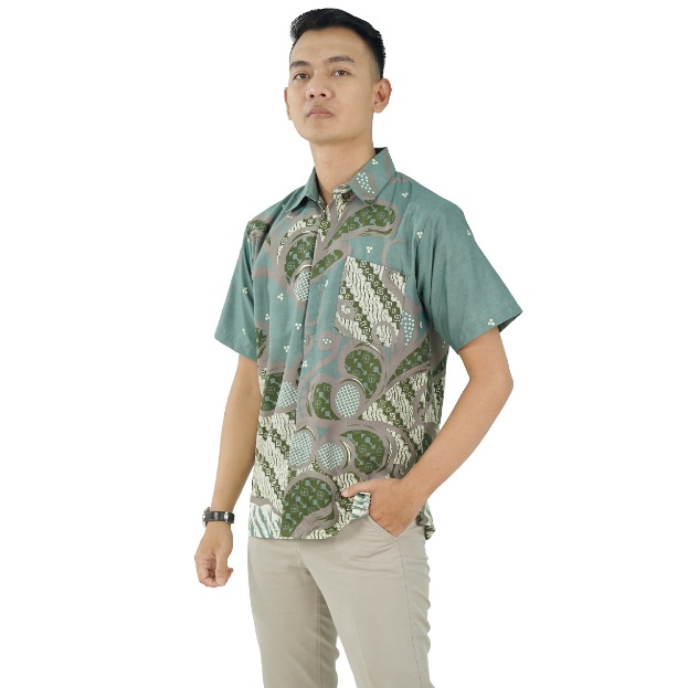 BATIK TRUSMI Hem Batik Pria Kemeja Lengan Pendek Batik Laveya Hijau BUL