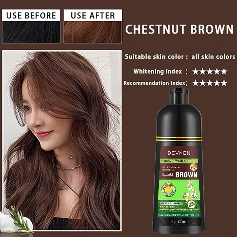 DEVNEN Pewarna rambut 500ml Shampo penghitam rambut uban Original Black/Brown Extract Gingseng Hair 
