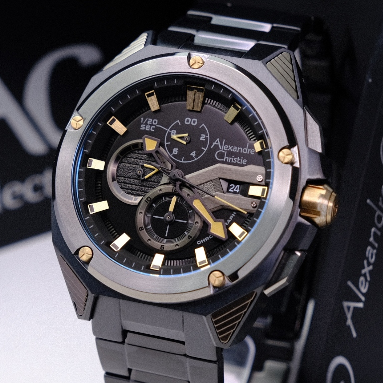 Alexandre Christie Pria Terbaru Chronograph Series Original Warna Black Lis Gold - AC6624