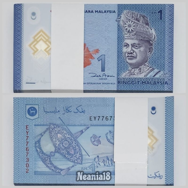 Koleksi Ringgit Malaysia Satu Gepok 100 Lembar Pecahan 1 Ringgit Kondisi Lipatan