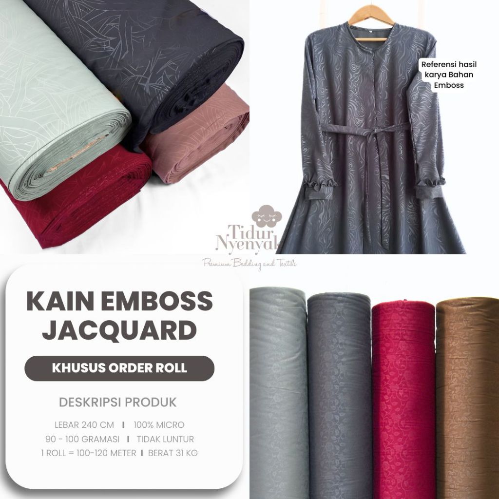 KAIN ROLL 100 & 120 M EMBOSS MICROTEX TIMBUL BUNGA SPEREI GORDEN JACQUARD WHITE BROWN HOTEL ASRAMA