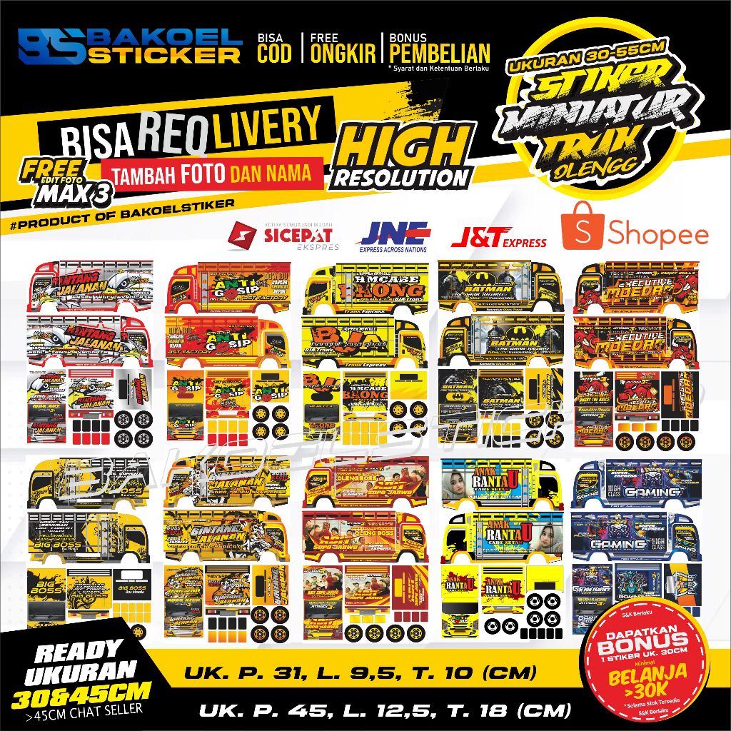 STIKER MINIATUR TRUK OLENG UK 30/45CM 1 LUSIN | RANDOM