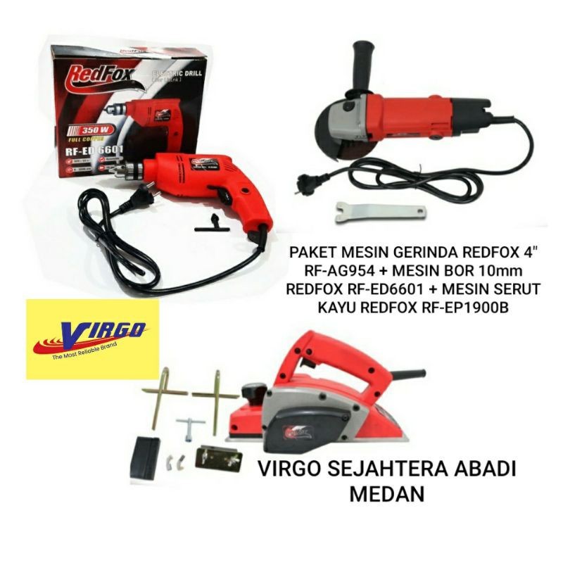 PAKET MESIN GERINDA 4" REDFOX RF-AG954 + BOR 10mm REDFOX RF-ED6601 + SERUT KAYU REDFOX RF-EP1900B