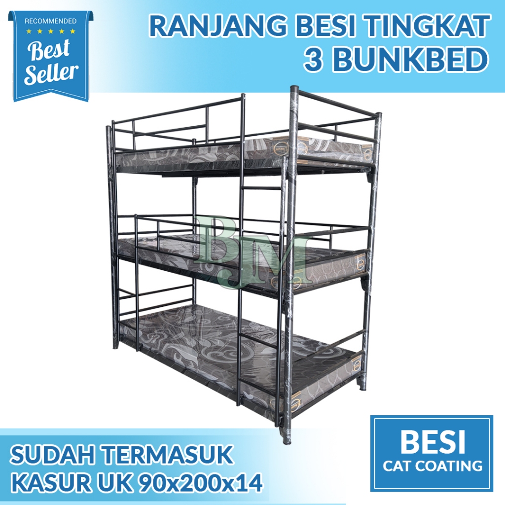 Ranjang 3 susun Ranjang tingkat Ranjang besi + kasur busa