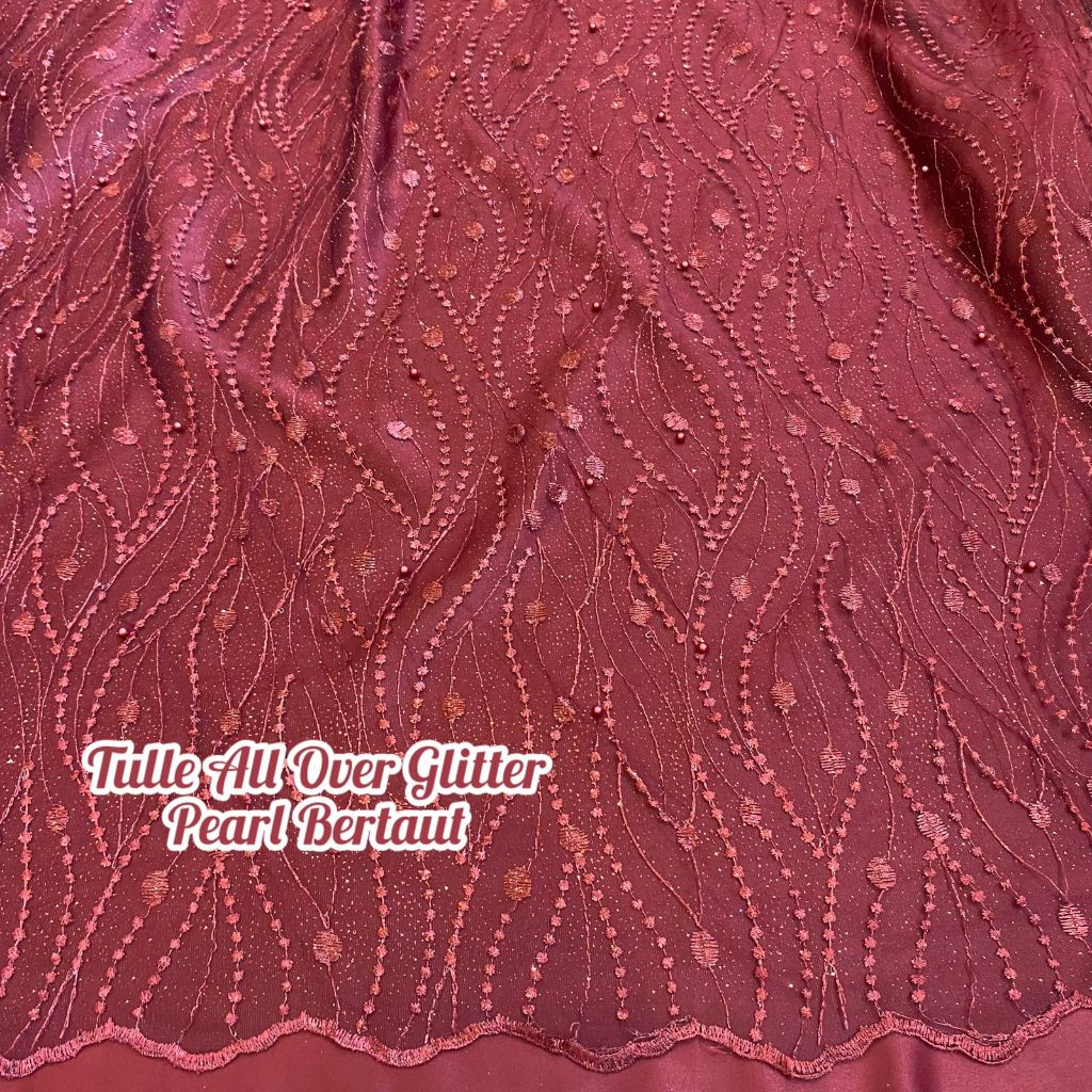 Kain Tile Bordir Glitter + Mutiara Bertaut ( Harga Per Setengah Meter )