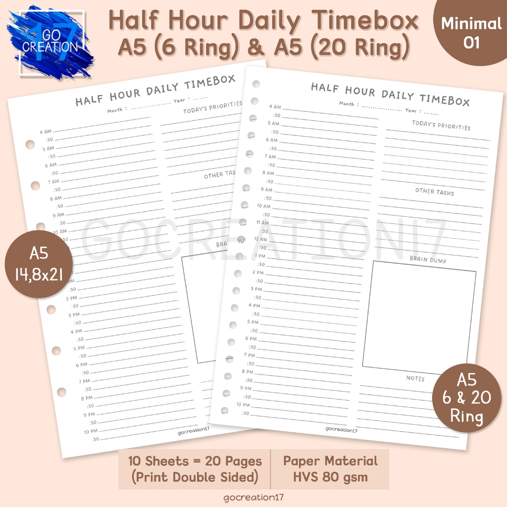 

Buku Planner Kertas Isi Binder Half Hour Daily Timebox Simple Minimalis A5