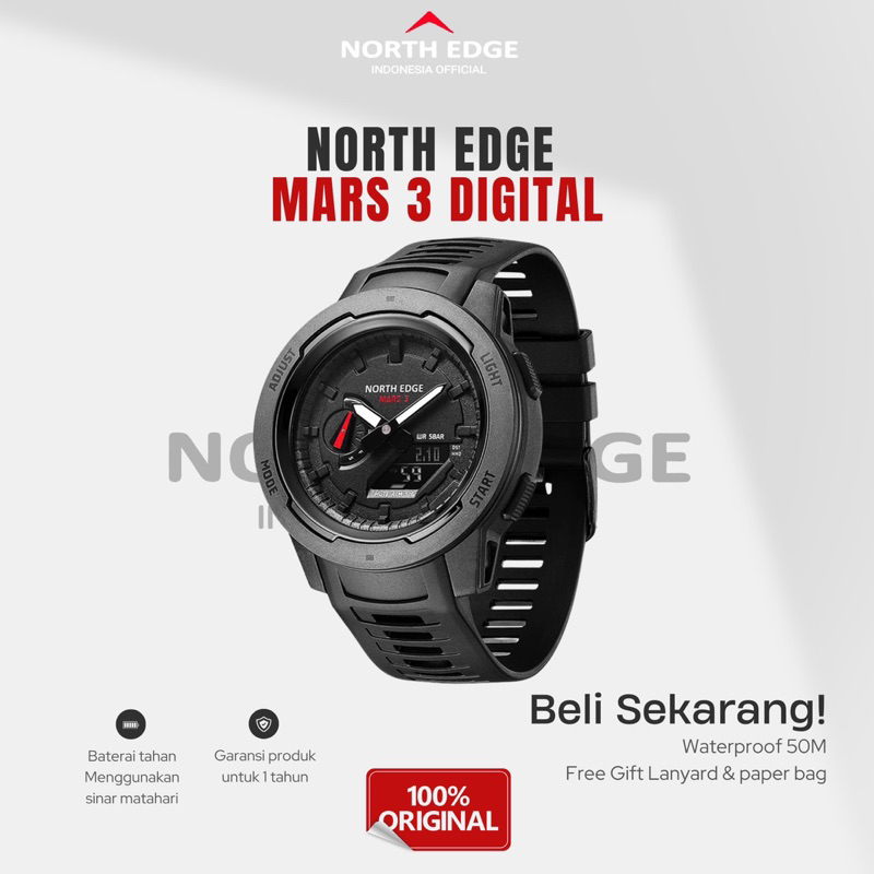 North Edge Indonesia official Mars 3 jam tangan militer pria, jam tangan Digital serat karbon tahan 