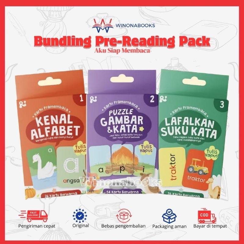 Kartu pra membaca game seru untuk anak Pack 1: KENAL ALFABET Pack 2: PUZZLE GAMBAR DAN KATA Pack 3: 