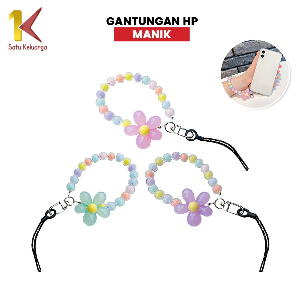 Satu Keluarga Gantungan Hp Bunga Manik C1148 Flower Beads Lanyard Pergelangan Tangan Headset Tas