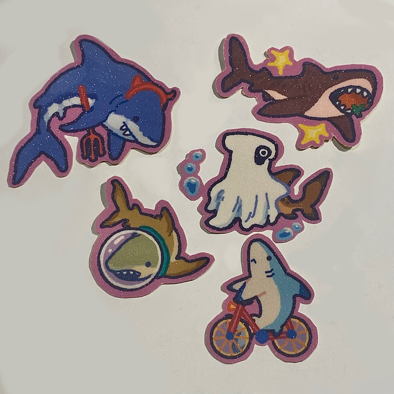 

cattosaursss - Shark Buddies - Waterproof Vinyl Glitter Sticker Set 5pcs
