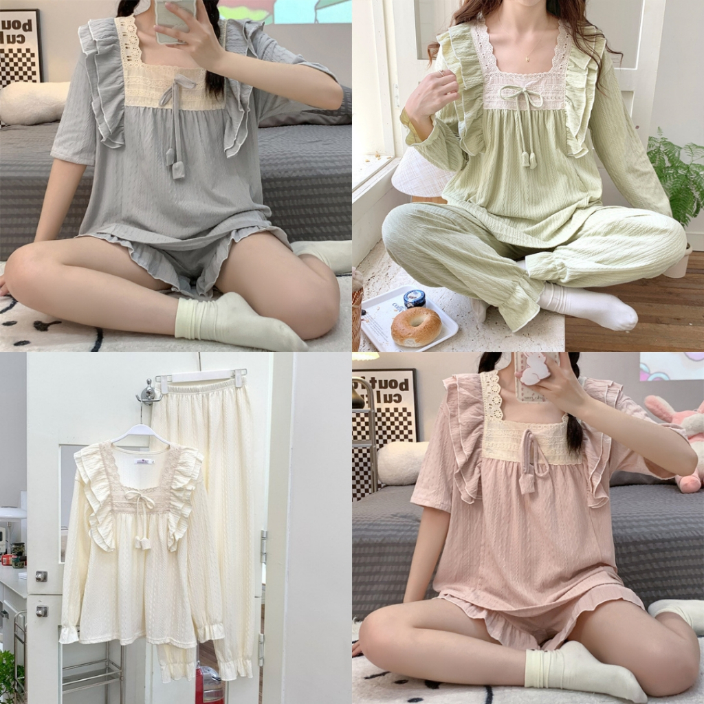 Baju Tidur Wanita Dewasa Hyomin Sleepwear Piyama Set Setelan Motif Pita Renda Ruffle Pakaian Tidur L