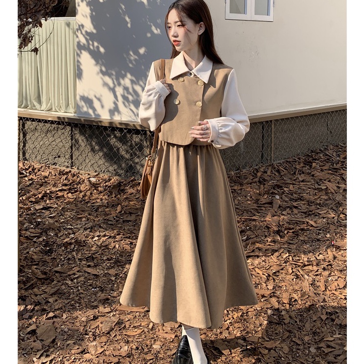 Hot Limited  Dress Retro Kasual Wanita Gaya Korea Dress Lengan Panjang Kerja Longgar